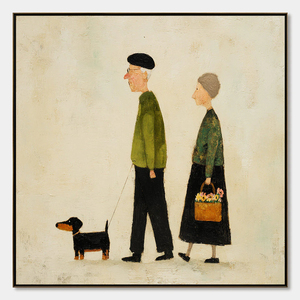 Charming Figurative Art <b>Print</b> of Elderly Couple Walking <b>with</b> Dog Canvas Wall Decor Contemporary Style <b>Framed</b> Indoor Art - Product Image 6