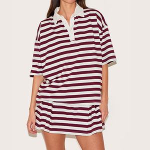 ชุดกีฬาผู้หญิงคุณภาพสูง ผ้าฝ้ายเฟรนช์เทอร์รี่ ทรงไหล่ตก พิมพ์ลายทาง เสื้อคอปกโปโล และกระโปรง สำหรับผู้หญิง - Product Image 2