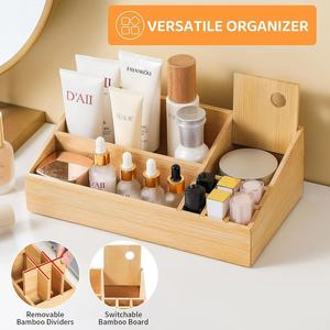 Bamboo Cosmetic Organizer <b>Box</b> With Compartments For Bathroom <b>Makeup</b> Storage Eco Friendly Desktop Storage Solution - Product Image 4