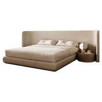Lit rembourré minimaliste avec tête de lit large à ailes, taille King Queen, cadre de lit plateforme en tissu lin, style Japandi scandinave, OEM