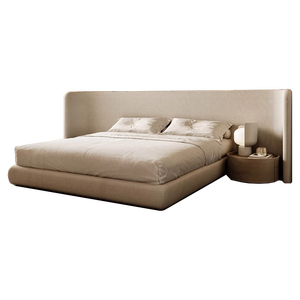 Lit rembourré minimaliste avec tête de lit large à ailes, taille King Queen, cadre de lit plateforme en tissu lin, style Japandi scandinave, OEM - Product Image 2