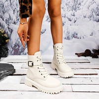 Bottines à lacets pour femmes avec boucle latérale, fermeture éclair, semelle épaisse, plateforme, style motard, noir crème
