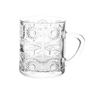 Religion Sunflower Embossing Glass 175ml Drinking Mugs High Quality Engraved Royalex 6oz Tea Cups With Handle Taza De Vidrio