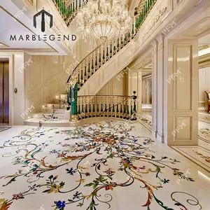 Bespoke Classical Floral Flourishes Marble Flooring Medallion Floral Scroll Marble Inlay Designs Pattern