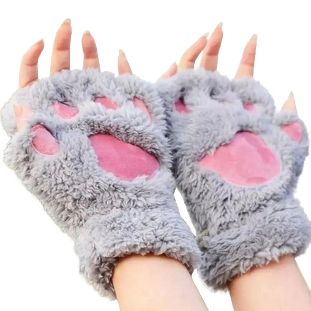 Модные милые зимние варежки F34 для женщин и девочек, мягкие перчатки на полпальца, теплые плюшевые перчатки без пальцев с кошачьими лапами и когтями