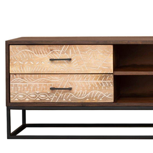 Mueble para TV de madera maciza estilo moderno con detalles tallados a mano y almacenamiento de varias secciones para sala de estar - Product Image 3