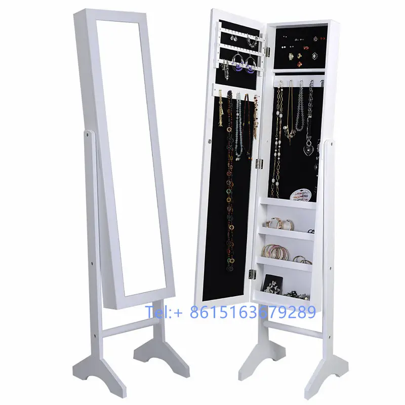 White Freestanding Lockable Jewellery Storage Cabinet with Adjustable mirror