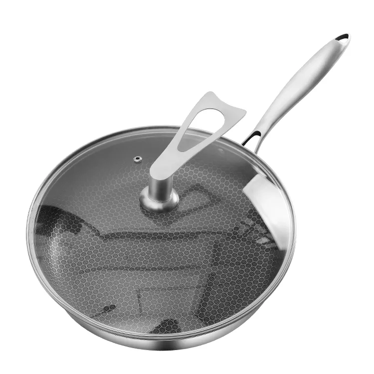 Yapışmaz 304 Triply stir-kızartma tavası petek alt pan metal pişirme kazanı çelik saplı sarten para cocinar chao nau set pa