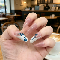 Ongles à presser en PMMA motif ours de dessin animé mignon, forme cercueil, avec strass bleus, réutilisables, faits à la main pour femmes et filles