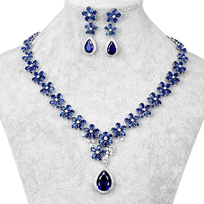 WeimanJewelry-Conjunto de collar y pendientes con Zirconia cúbica azul, joyería nupcial, diseño Floral, venta directa de fábrica