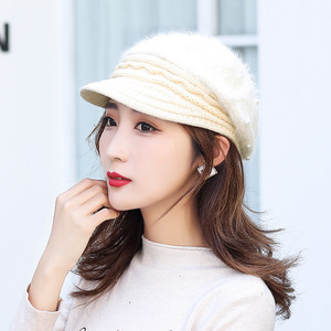 Winter Rabbit Fur Beret Women Pearl Decorated Fleece Lined <b>Warm</b> <b>Hat</b> For Winter - Product Image 2