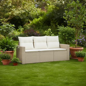Canapé de jardin en rotin beige trois places, mobilier d'extérieur avec coussin, design contemporain - Product Image 2