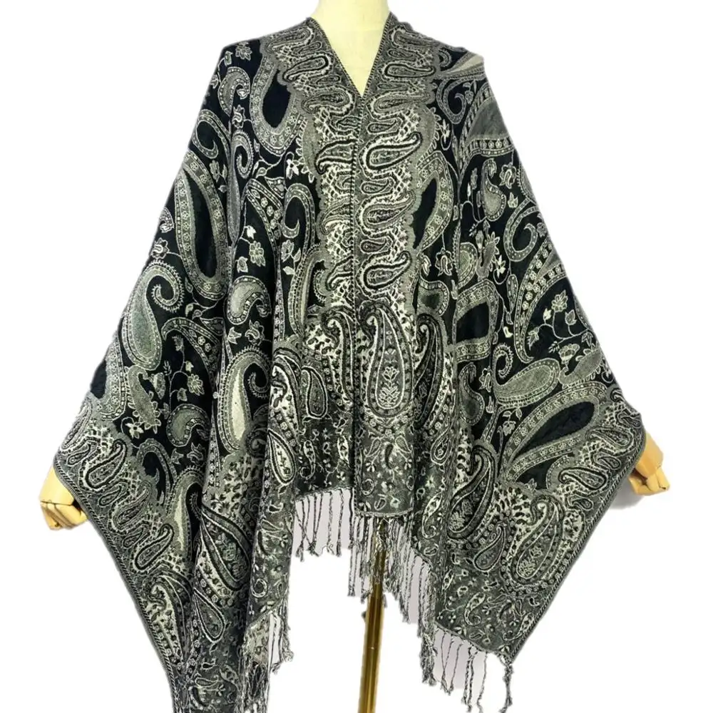 Ladies preference Three-dimensional pattern environmental protection material jacquard tassel woven black Paisley pattern scarf