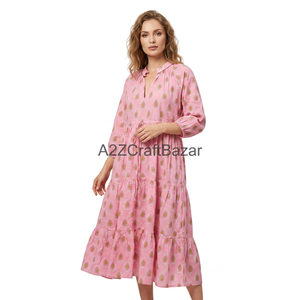 Belle robe midi florale en coton 100% doux, faite à la main, légère, imprimée à l'indienne, col en V, manches 3/4, coupe ample, pour femmes, usage quotidien - Product Image 1