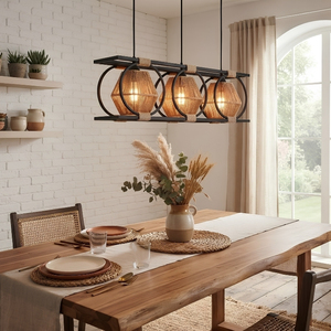 Lustre suspendu double anneau 3 lumières style bohème, abat-jour en corde de chanvre tressée à la main, lustre rustique pour table à manger ou îlot de cuisine - Product Image 3