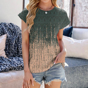 New Women's Summer Casual Short-<b>Sleeved</b> Printed Knitted Anti-Pilling T-Shirt Tops Loose Geometric Neck - Product Image 3