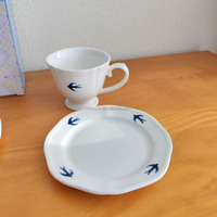 Service à café et assiettes rétro en porcelaine 200 ml, motif hirondelle bleue sous glaçure, pour thé de l'après-midi, avec plateau, compatible lave-vaisselle et micro-ondes
