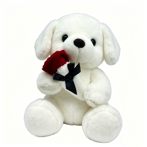 Custom White Plush Dog Holding <b>Red</b> Rose With Black <b>Bow</b> Soft Faux Fur Valentine's Day Gift Cartoon 3D Shape - Product Image 1