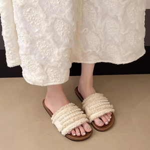 Women's Retro Pearl Flat Bottom Sandals Solid Color Casual Style Slip-On <b>Soft</b> Rubber Sole Comfortable Outdoor <b>Shoes</b> - Product Image 1