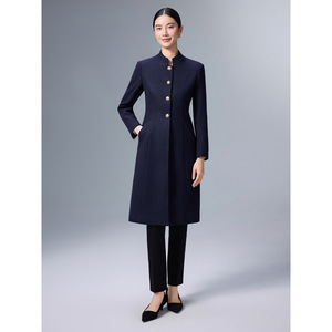 Women's Professional Stand Up Collar <b>Wool</b> Coat Mid Length Slim Fit Keep Warm Solid Color For Office Work - Product Image 3