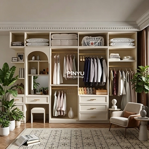 Armoire de chambre vintage française en bois composite, avec plusieurs tiroirs, coiffeuse intégrée et miroir - Product Image 3