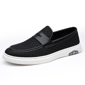 Black Men's Loafers Round Toe Slip-On Breathable PU Lining <b>Rubber</b> Outsole Geometric Pattern <b>Strip</b> Decoration - Product Image 5