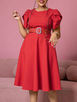 Trendy Summer Womens Büro kleider O-Ausschnitt Kurzarm Elegante Rüschen A-Linie Afrikanische Kleider für Frauen Kleidung Mit Gürtel