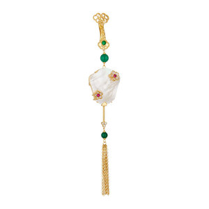 Fan Shaped Seashell Tassel Pendant With Green Gem And Gold Chain For Women Hanfu <b>Decorations</b> <b>Summer</b> 2024 - Product Image 5