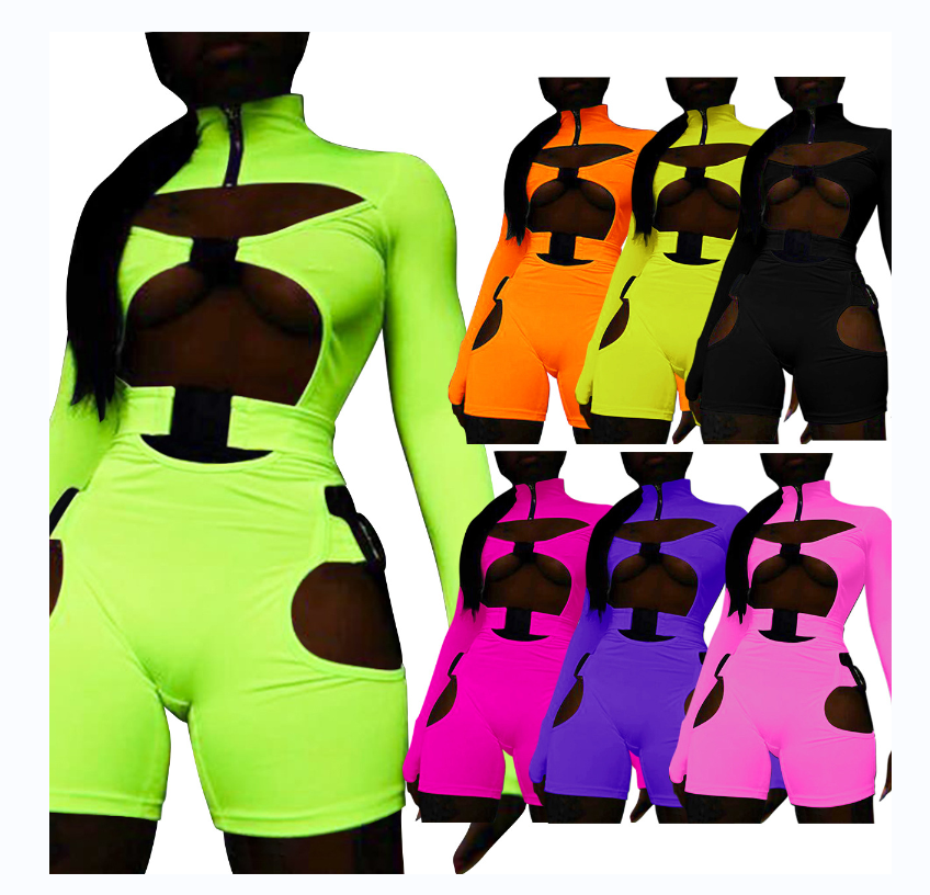 Сексуальный светоотражающий комбинезон CS032, Женский повседневный летний короткий Облегающий комбинезон с вырезами