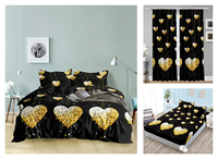 Parure de lit et rideaux assortis en polyester imprimé motifs cœurs blancs et noirs – Grande vente