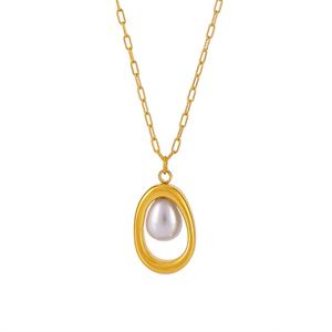 Women's Stainless Steel 18K PVD <b>Gold</b> Plated <b>Pearl</b> <b>Necklace</b> Horseshoe Design with Classic Claw Setting Trendy Style - Product Image 1
