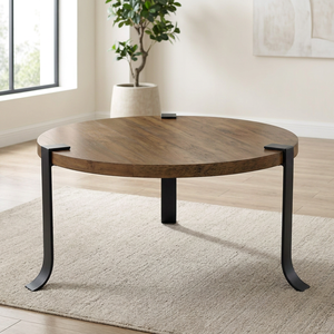 Mesa de centro de madera redonda de alta calidad de latón AK con soporte de pilar de Metal acabado negro para muebles de balcón/muebles de habitación - Product Image 1