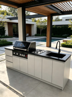 Barbecue pliant au gaz naturel à 5 brûleurs, plaque latérale à 2 brûleurs, acier inoxydable, montage facile, design compact, plan de travail en marbre noir