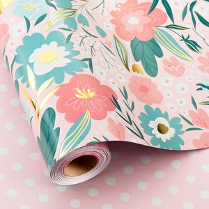 Pink Floral Wrapping <b>Paper</b> 17in x 32.8ft Reversible Gift <b>Wrap</b> For Baby Shower Birthday Valentine's Day Mother's Day - Product Image 1