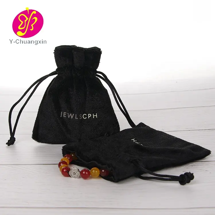 Piccola borsa portagioie in velluto scamosciato nero con custodia in velluto con Logo argento