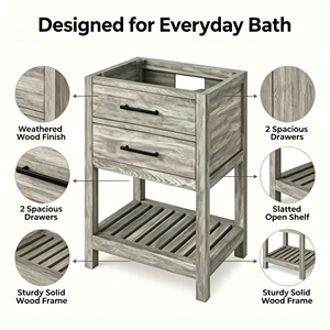 Farmhouse Style Solid Wood Floor Standing <b>Bathroom</b> Vanity <b>Cabinet</b> Vanity Mirror 2 Drawers Slatted Shelf <b>Light</b> Finish Ceramic - Product Image 2