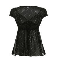 Kaos Rajut Vintage Y2K Musim Panas Ramah Lingkungan Bernapas untuk Wanita Lengan Pendek V-Neck Polkadot Mesh Patchwork Shirred High-Waist