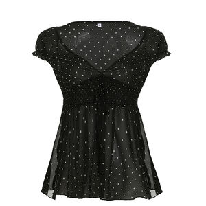 Camiseta de punto vintage Y2K de verano para mujer, manga corta, cuello en V, con lunares, malla, patchwork, fruncida, cintura alta, contraste de color, informal - Product Image 6