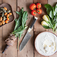 Couteau Santoku 8 pouces, couteau de chef professionnel classique en acier Damas VG-10, manche en bois d'ébène avec résine