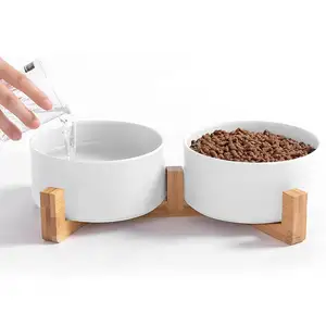 Custom Raised Dog Food Water Bowl Set Puppy Ceramic Dog Bowl with Wood Stand Non-Slip White Pet Bowls Dog and Cat