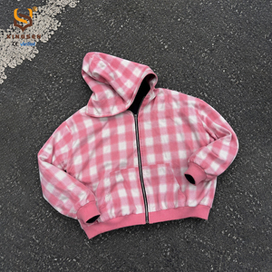 Sweat à capuche réversible en flanelle de coton à carreaux French Terry avec logo personnalisé, style streetwear, coupe oversize, lourd, zippé - Product Image 1