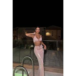 Vestido de Fiesta Formal Sencillo Rosa Palo con Detalle de Ventana, Talla XL, Corte Imperio, Poliéster, Largo hasta el Suelo, Decoración Floral - Product Image 2