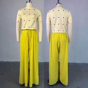 Nouveauté : Ensemble Femme Estival Chic et Tendance – <span class=keywords><strong>Haut</strong></span> à Manches Courtes Col Rond Motif Cœur avec Pantalon Large - Product Image 5