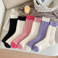 Chaussettes en laine à côtes pour femmes, doublées polaire, épaisses et chaudes, chaussettes longues en cachemire polaire à blocs de couleur