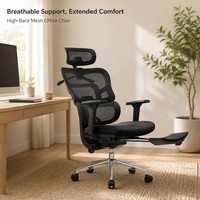 Chaise de bureau de direction moderne avec accoudoirs réglables, dossier divisé, base chromée pivotante, dossier haut en maille ergonomique et repose-jambes