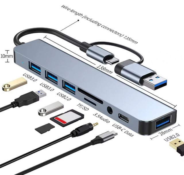 Hot Sales High Quality Double Headed 8-in-1 Type-C Hub Multiport Dock Station USB3.0 Aluminum Alloy LAN HDTV PD Stock