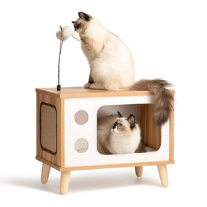 Luxe tv-vormige houten condo kattenbed, stevig binnenmeubilair, groot huisdierhuis - Product Image 3