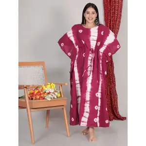 Indian Cotton Kaftan Islamic Clothing Tie-Dye Printed Free Size Long Dress Kaftan for Muslim Women Casual Wear Dress