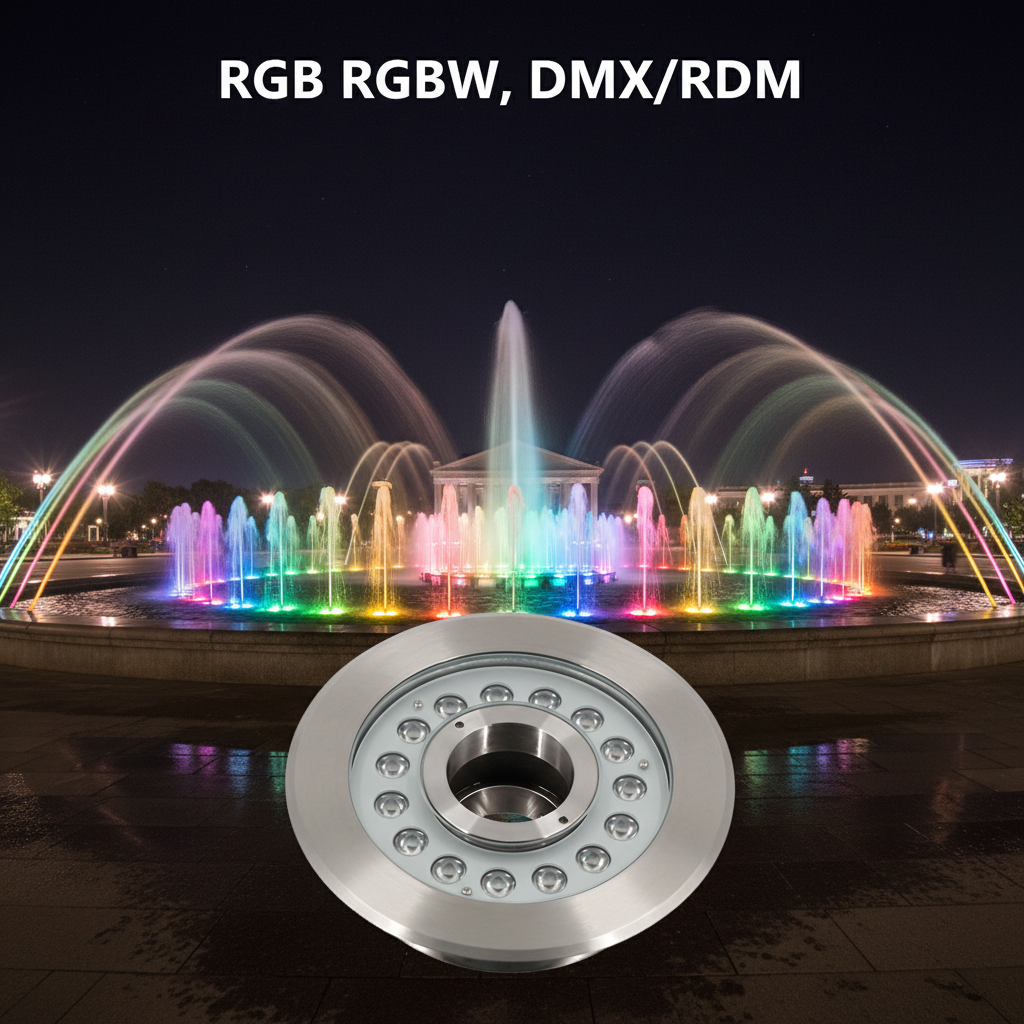 54W DMX Control High Lumens Waterfall LED Fountain Light 304 Stainless Steel Ring Donut IP68 Rating