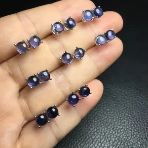 Crystal healing stones fashionable jewelry 925 sterling silver setting stud earring rare natural iolite cordierite ear stud